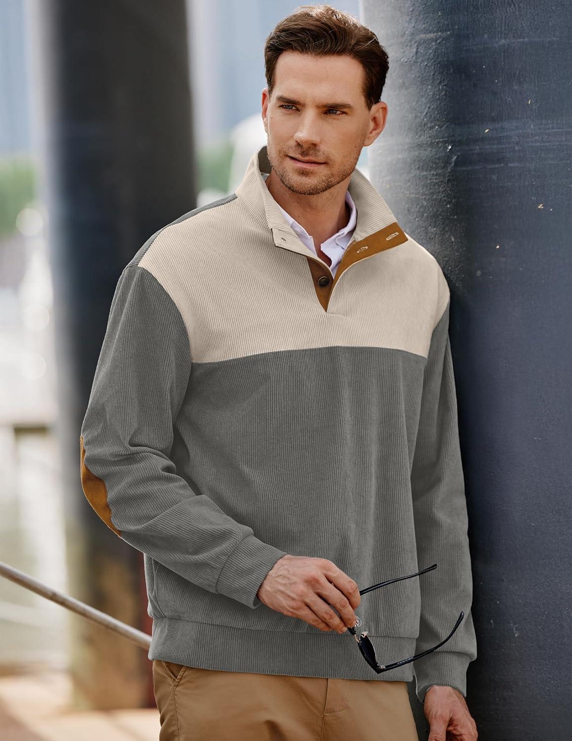 imageJMIERR Mens Warm Corduroy Sweatshirt Casual Stand Collar Quarter Fall Metal Button Pullover Sweaters Long Sleeve with PocketsZ Grey