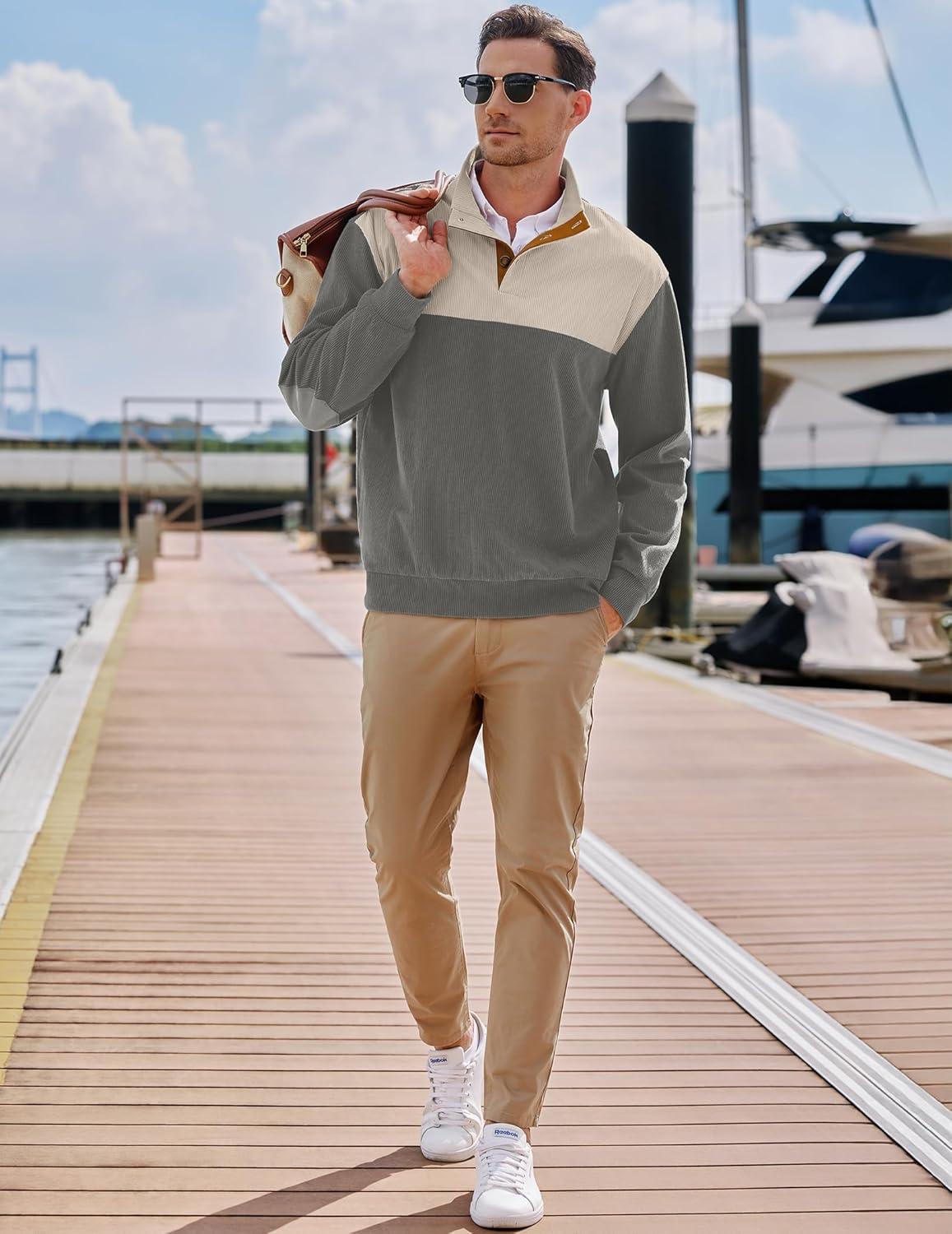 imageJMIERR Mens Warm Corduroy Sweatshirt Casual Stand Collar Quarter Fall Metal Button Pullover Sweaters Long Sleeve with PocketsZ Grey