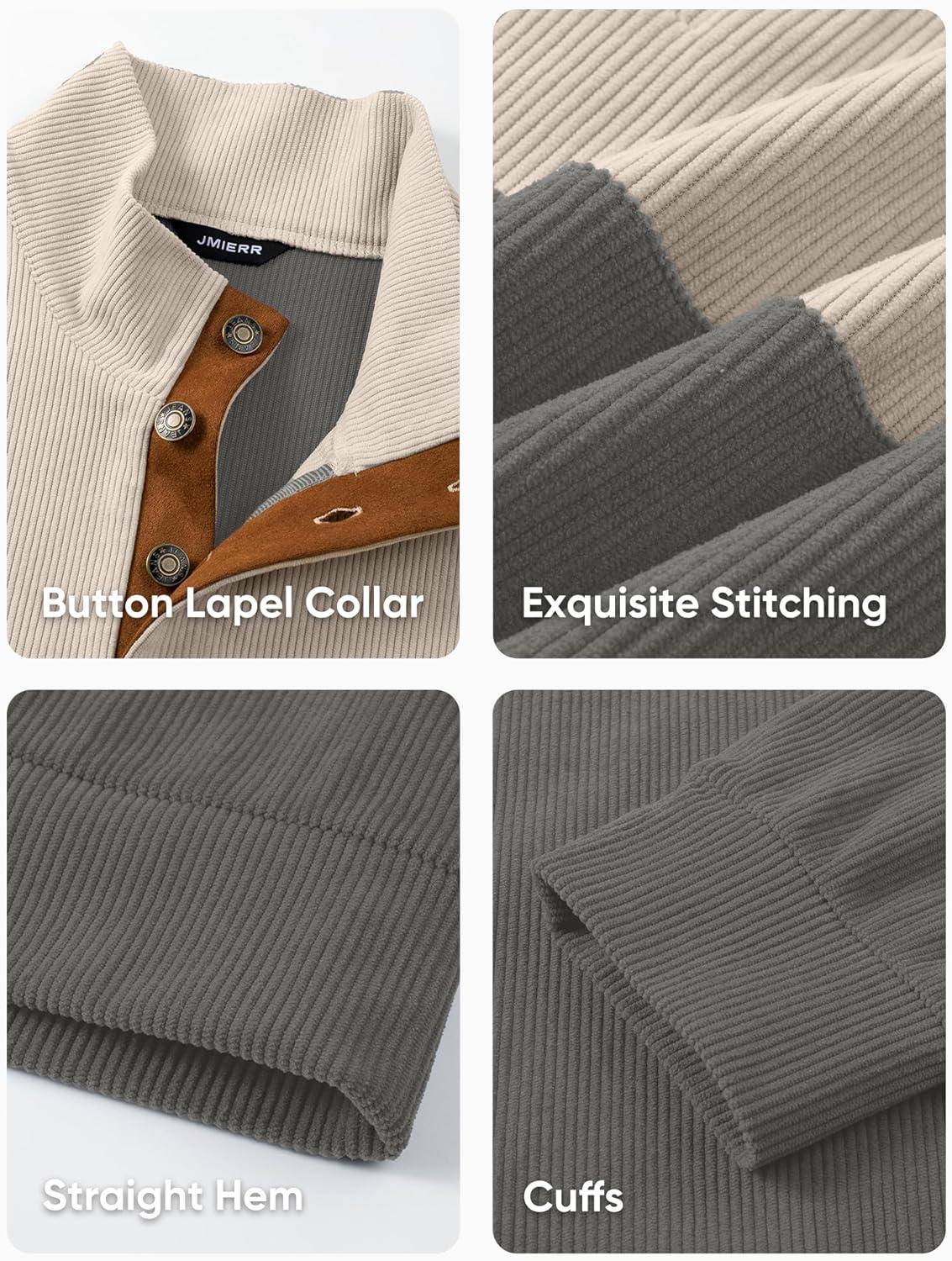 imageJMIERR Mens Warm Corduroy Sweatshirt Casual Stand Collar Quarter Fall Metal Button Pullover Sweaters Long Sleeve with PocketsZ Grey