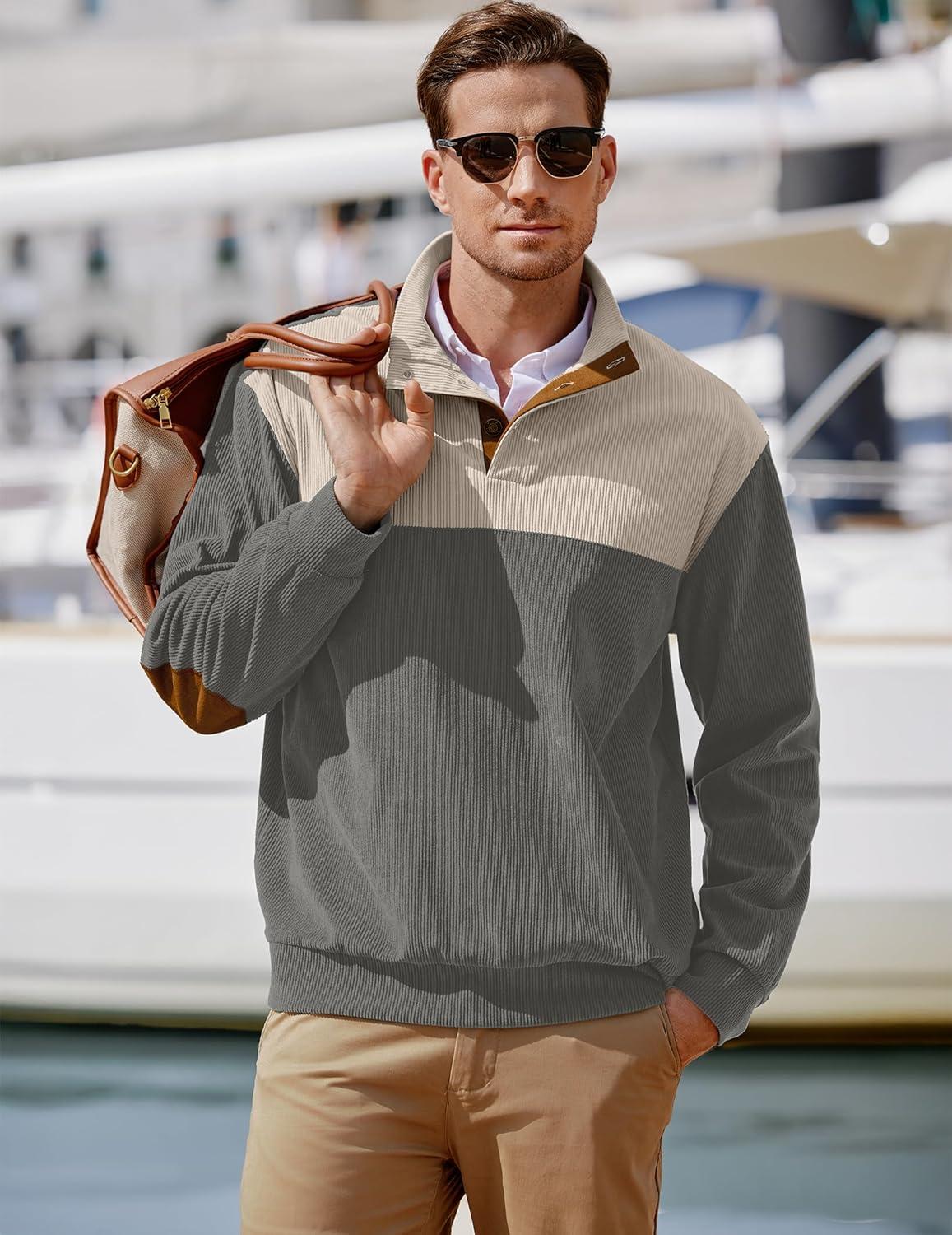 imageJMIERR Mens Warm Corduroy Sweatshirt Casual Stand Collar Quarter Fall Metal Button Pullover Sweaters Long Sleeve with PocketsZ Grey