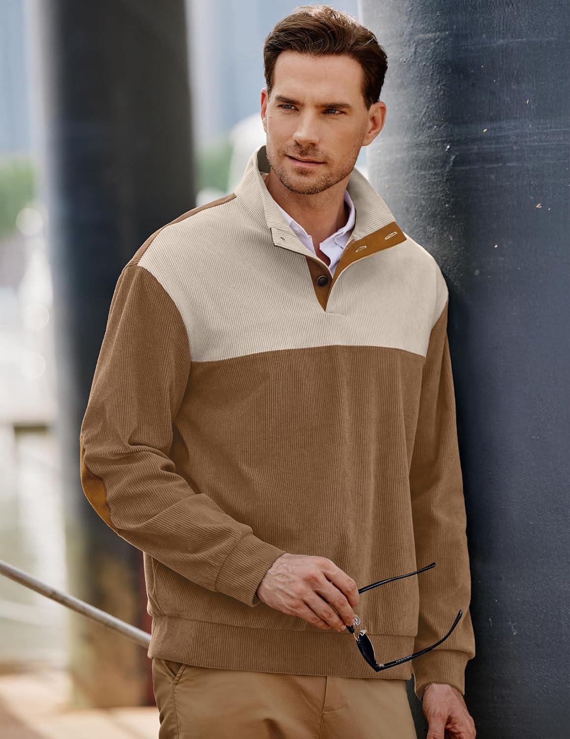 imageJMIERR Mens Warm Corduroy Sweatshirt Casual Stand Collar Quarter Fall Metal Button Pullover Sweaters Long Sleeve with PocketsZ Light Brown