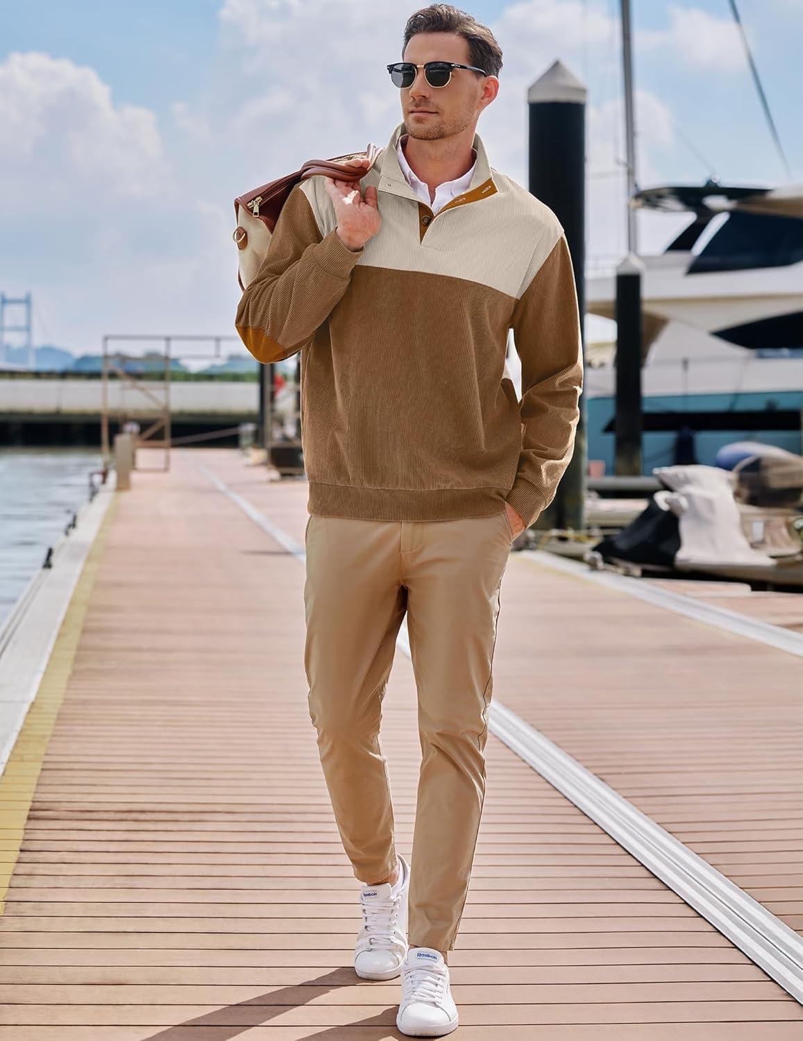 imageJMIERR Mens Warm Corduroy Sweatshirt Casual Stand Collar Quarter Fall Metal Button Pullover Sweaters Long Sleeve with PocketsZ Light Brown