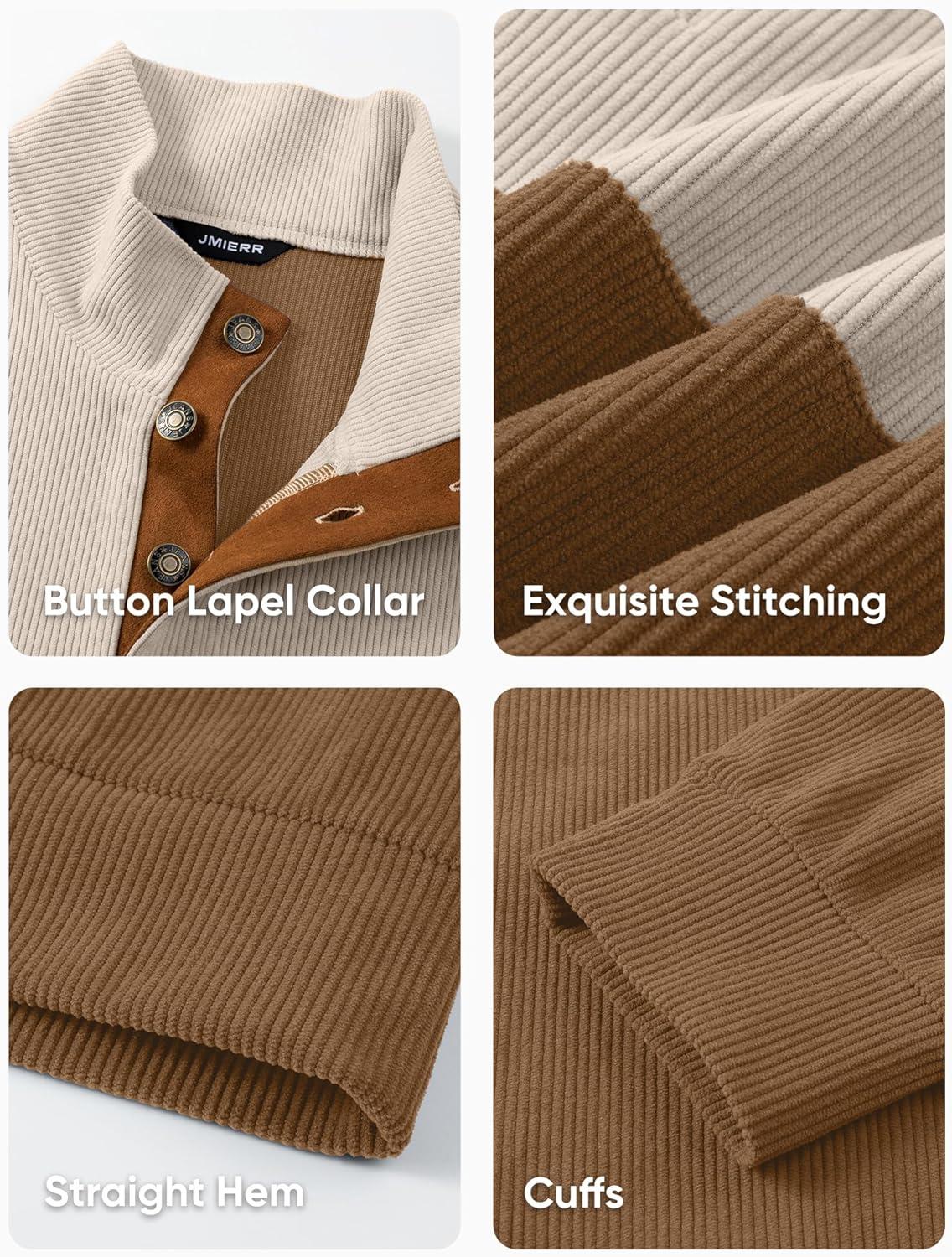 imageJMIERR Mens Warm Corduroy Sweatshirt Casual Stand Collar Quarter Fall Metal Button Pullover Sweaters Long Sleeve with PocketsZ Light Brown