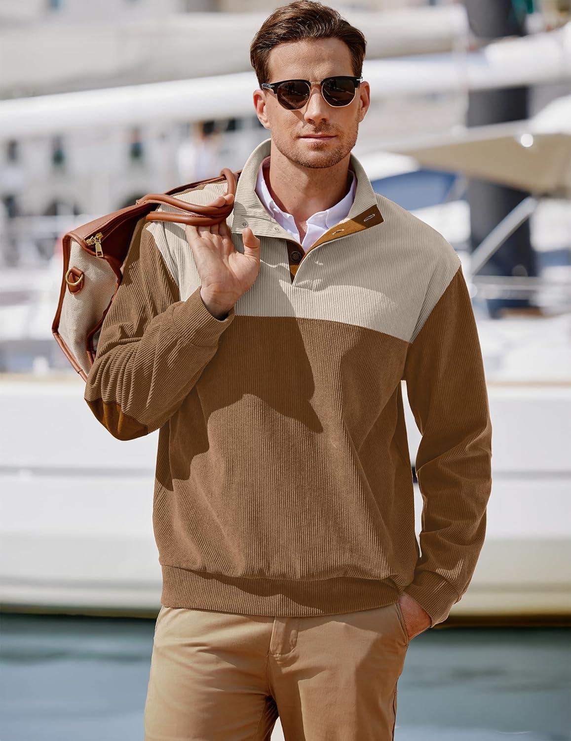 imageJMIERR Mens Warm Corduroy Sweatshirt Casual Stand Collar Quarter Fall Metal Button Pullover Sweaters Long Sleeve with PocketsZ Light Brown