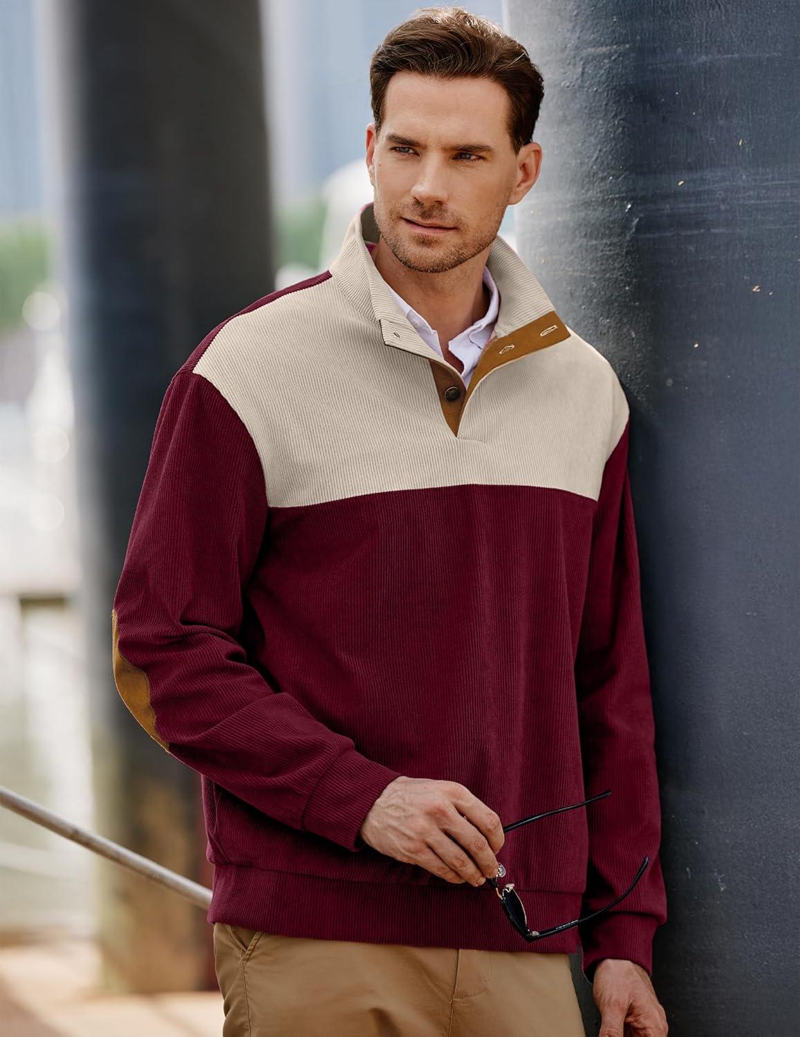 imageJMIERR Mens Warm Corduroy Sweatshirt Casual Stand Collar Quarter Fall Metal Button Pullover Sweaters Long Sleeve with PocketsZ Red