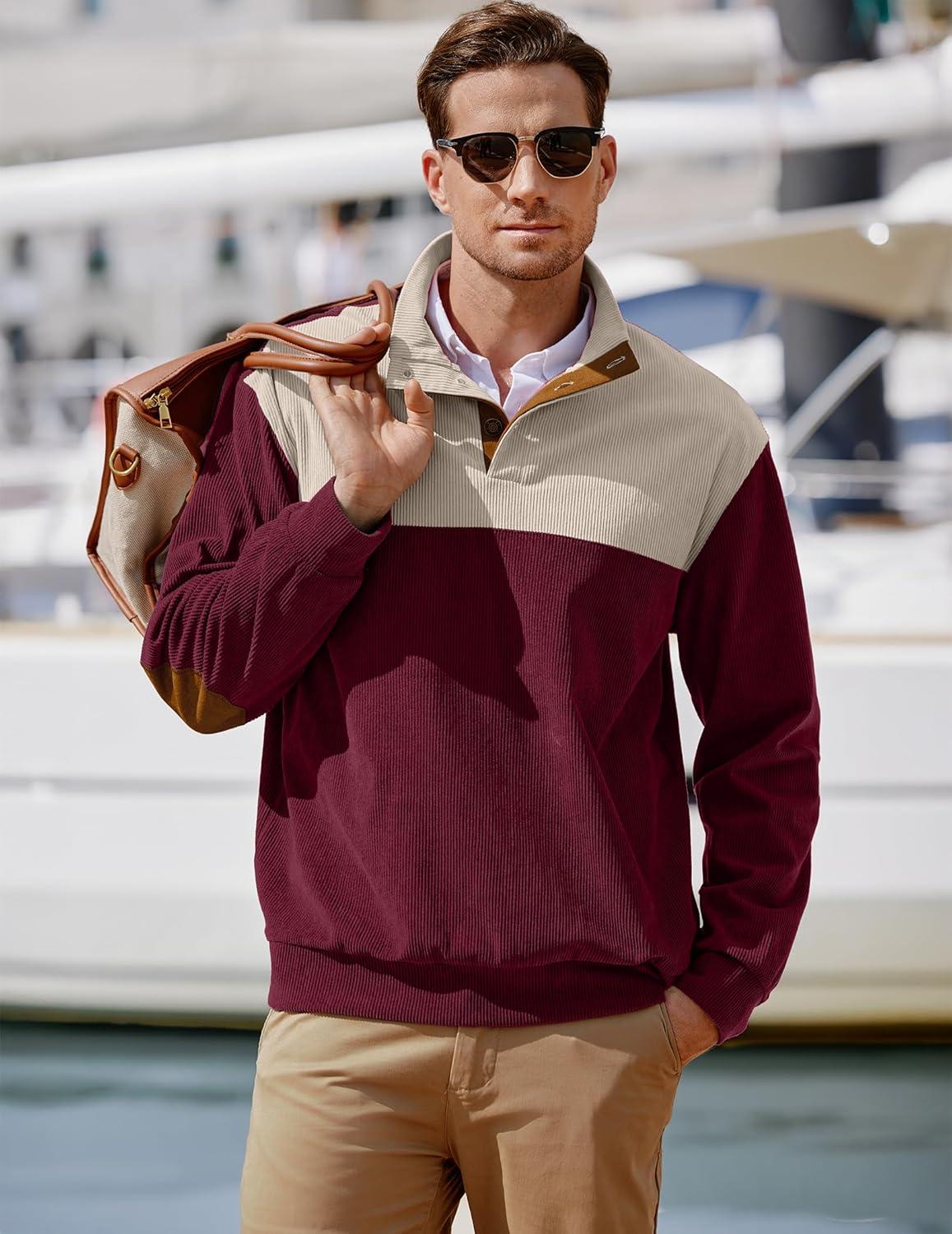 imageJMIERR Mens Warm Corduroy Sweatshirt Casual Stand Collar Quarter Fall Metal Button Pullover Sweaters Long Sleeve with PocketsZ Red