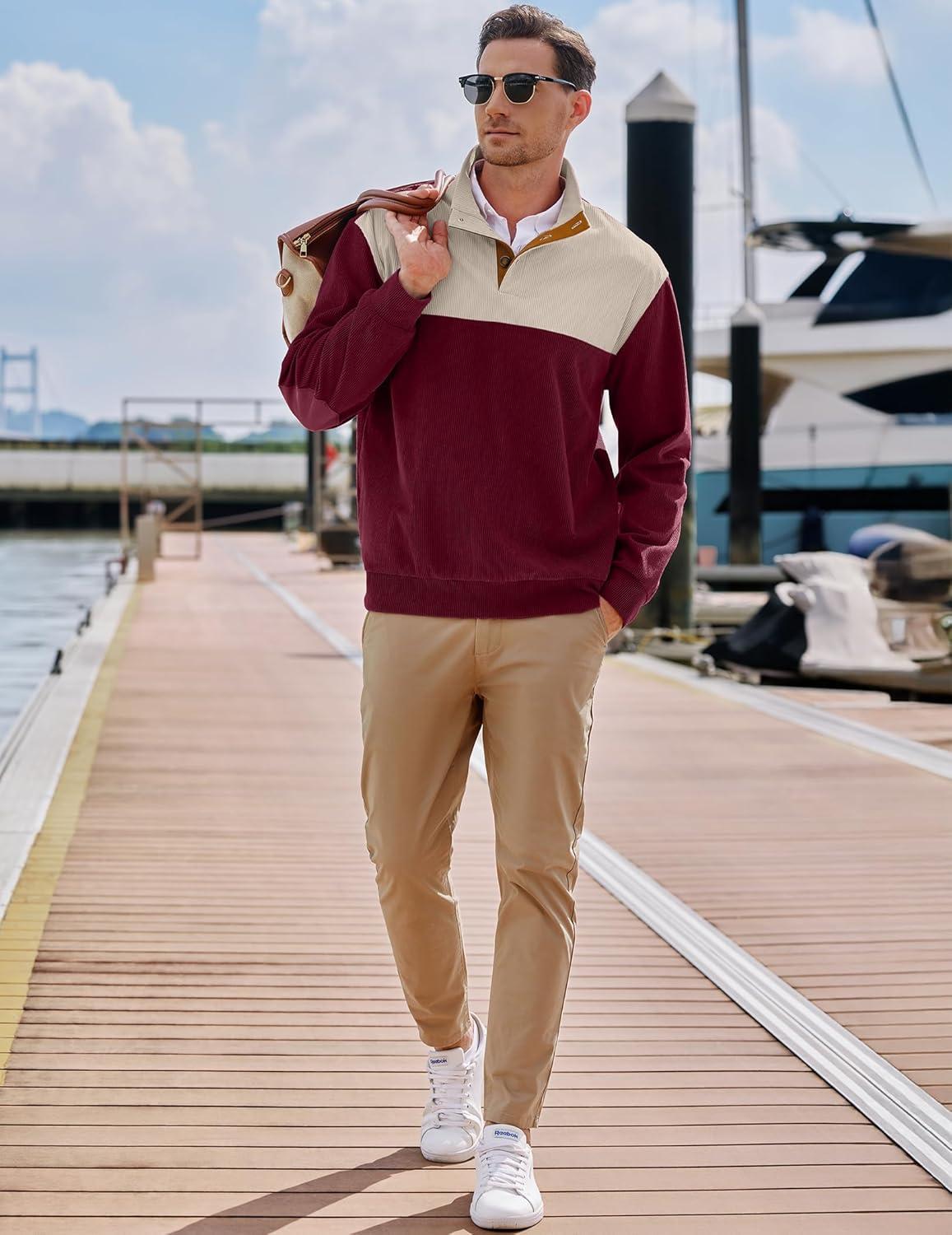 imageJMIERR Mens Warm Corduroy Sweatshirt Casual Stand Collar Quarter Fall Metal Button Pullover Sweaters Long Sleeve with PocketsZ Red