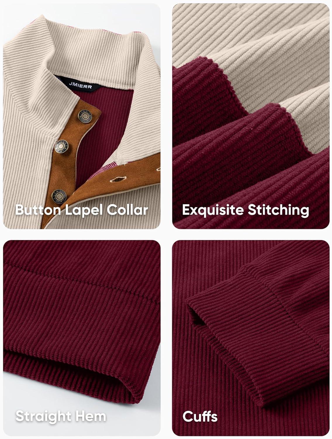 imageJMIERR Mens Warm Corduroy Sweatshirt Casual Stand Collar Quarter Fall Metal Button Pullover Sweaters Long Sleeve with PocketsZ Red