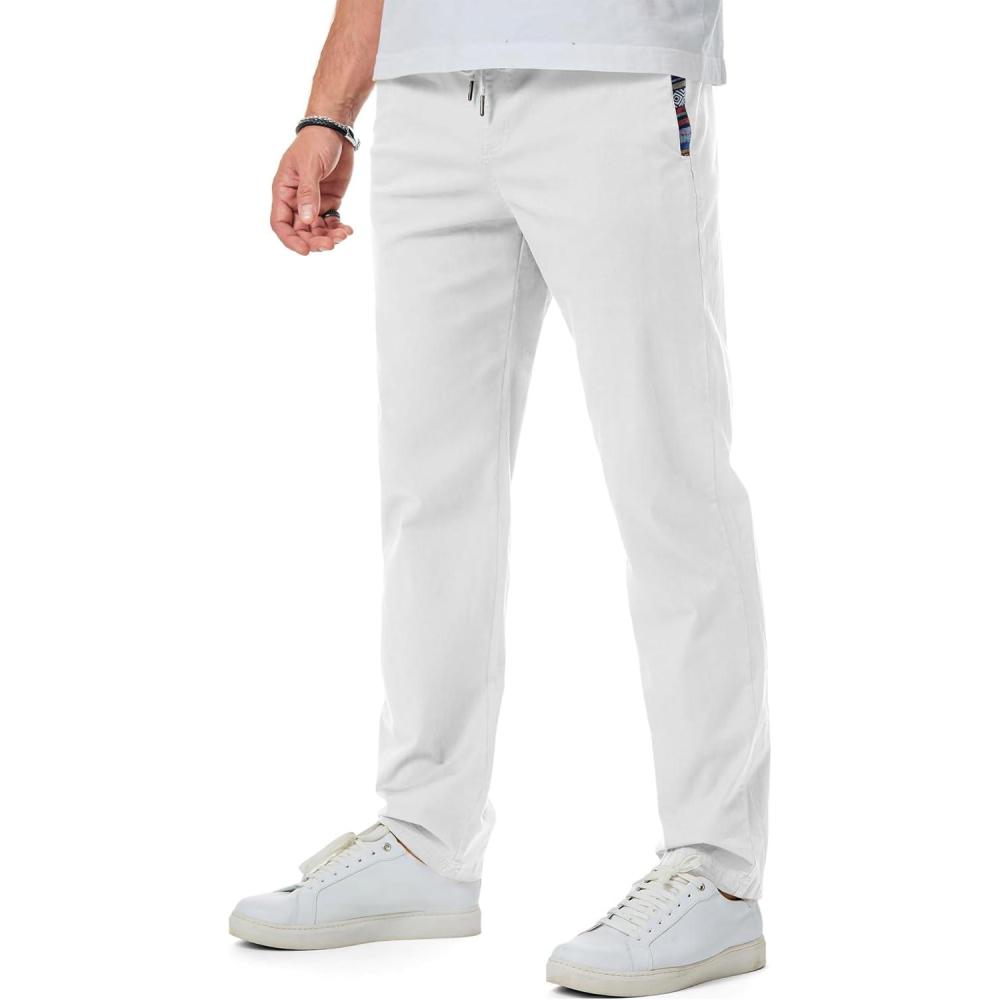 imageJMIERR Casual Chino Pants Drawstring Stretch Waist Fit Cotton Twill TrousersA White