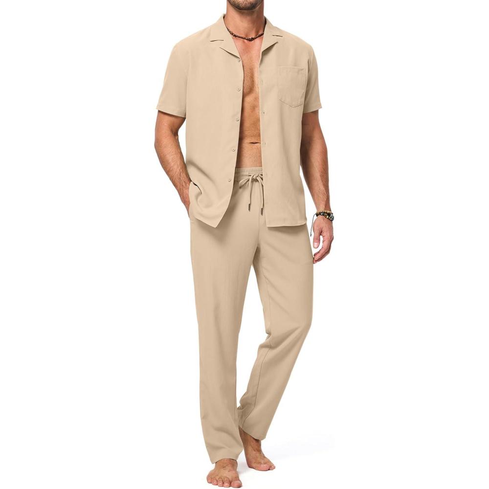 imageJMIERR Men 2 Piece Outfit Short Sleeve Beach Button Down Shirt Casual Loose Pant Sets with PocketA Beige