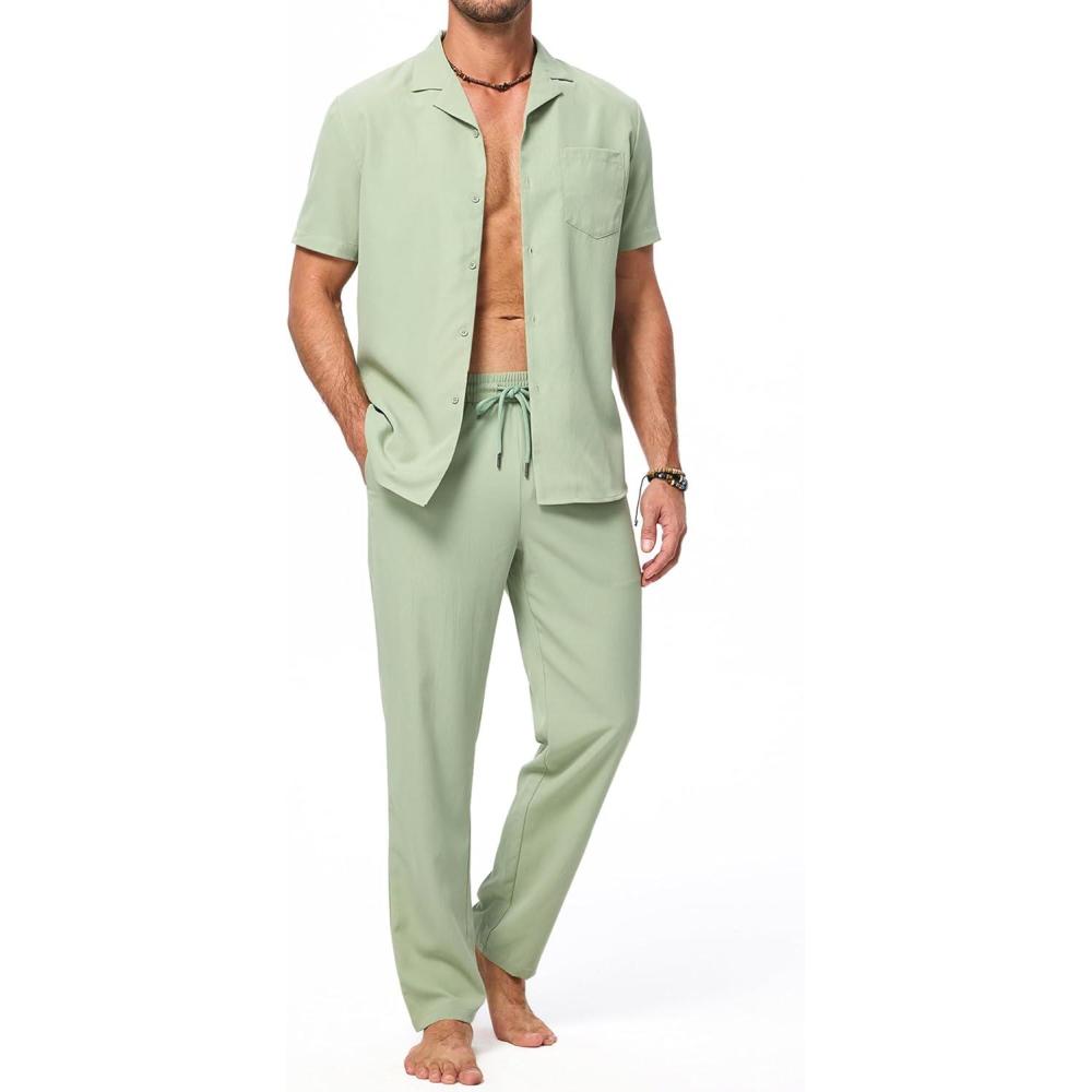 imageJMIERR Men 2 Piece Outfit Short Sleeve Beach Button Down Shirt Casual Loose Pant Sets with PocketC Green