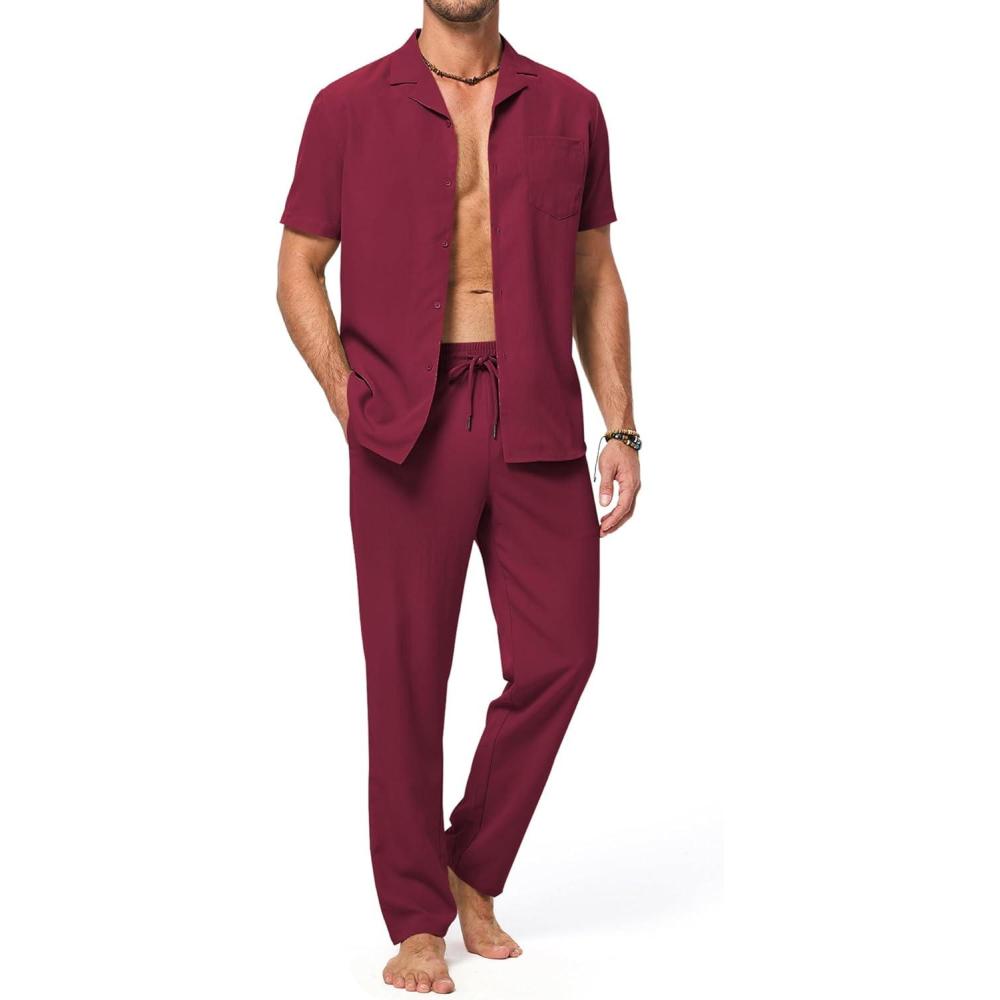 imageJMIERR Men 2 Piece Outfit Short Sleeve Beach Button Down Shirt Casual Loose Pant Sets with PocketD Red