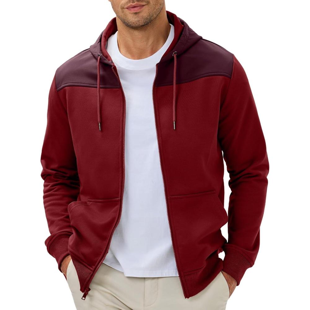 imageJMIERR Men Hoodie 2025 Zip Up Fall Casual Warm Drawstring Hooded Jacket with Pockets Workout Hiking SweatshirtC Red