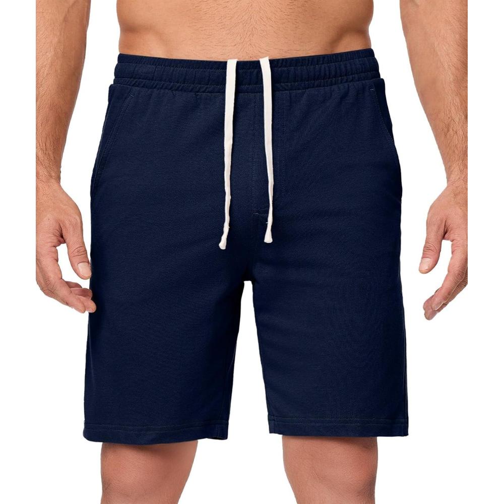 imageJMIERR Mens 100 Cotton Shorts 9quot Casual Elastic Waist Drawstring Lightweight Workout Lounge Beach Jersey Sweat ShortsA Navy Blue