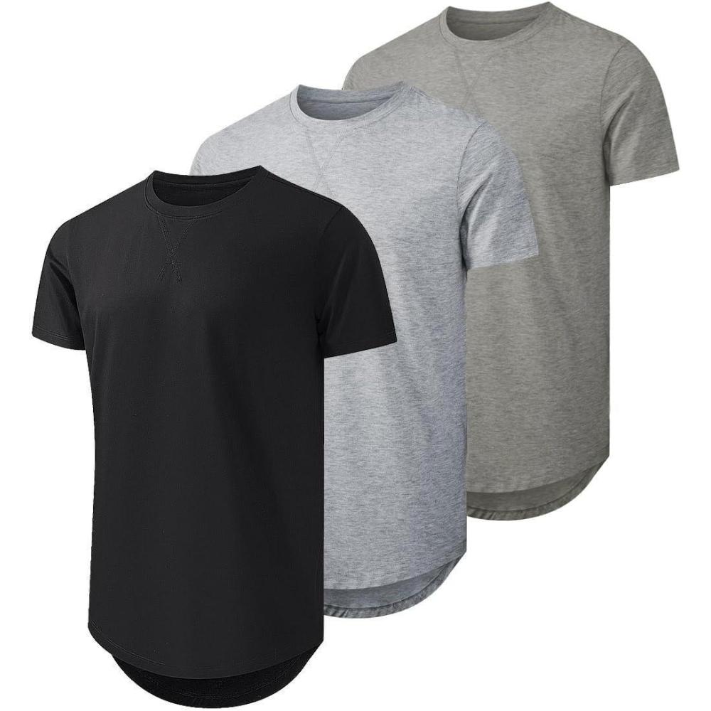 imageJMIERR Mens 3 Pack Cotton Hipster Hip Hop Longline Crewneck TShirt5blackLight GreyDark Grey