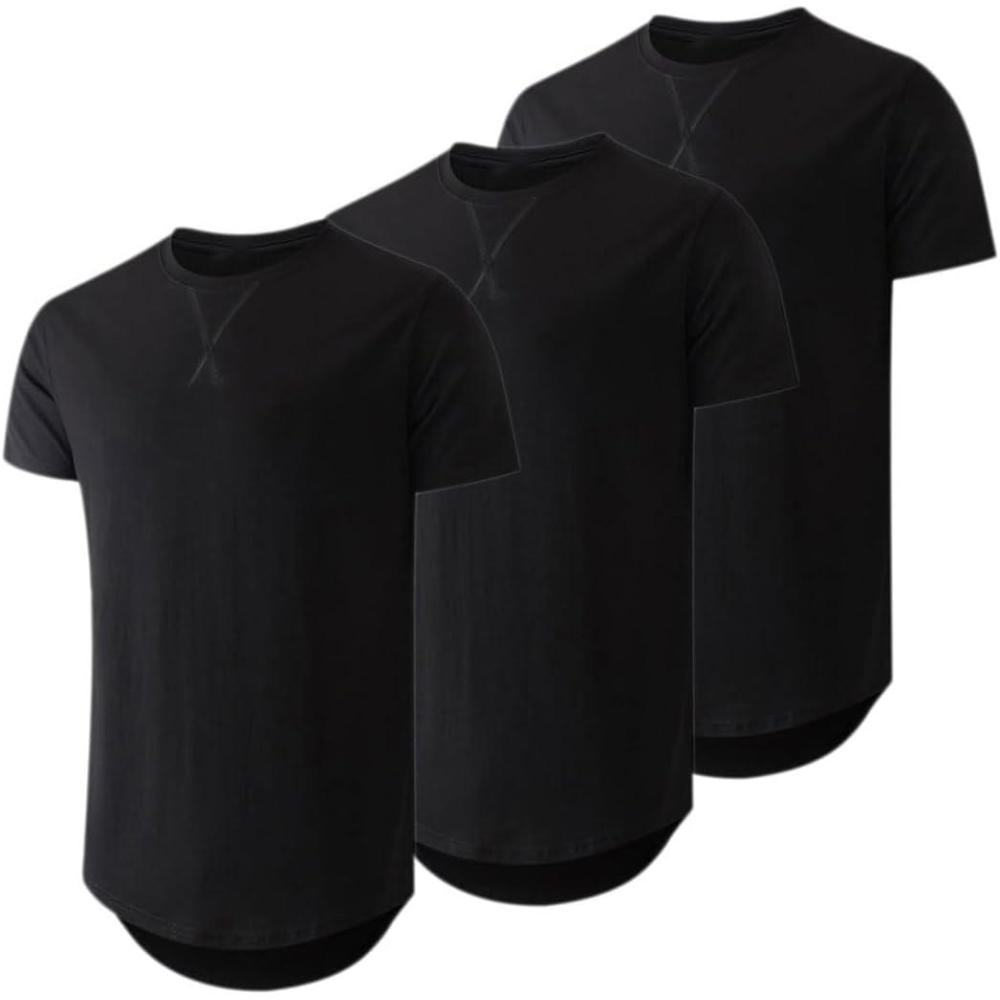 imageJMIERR Mens 3 Pack Cotton Hipster Hip Hop Longline Crewneck TShirtAblackBlackBlack