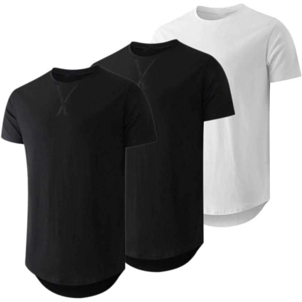 imageJMIERR Mens 3 Pack Cotton Hipster Hip Hop Longline Crewneck TShirtAblackBlackWhite