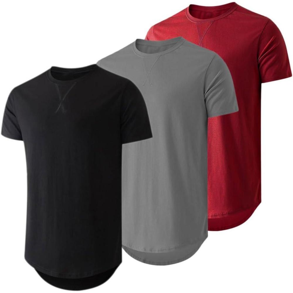 imageJMIERR Mens 3 Pack Cotton Hipster Hip Hop Longline Crewneck TShirtAblackDark GreyRed