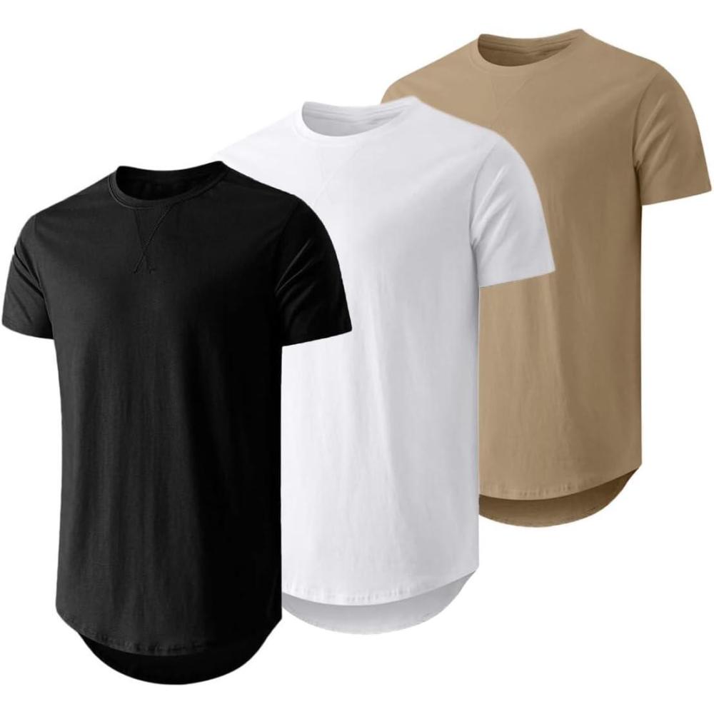 imageJMIERR Mens 3 Pack Cotton Hipster Hip Hop Longline Crewneck TShirtAblackWhiteKhaki