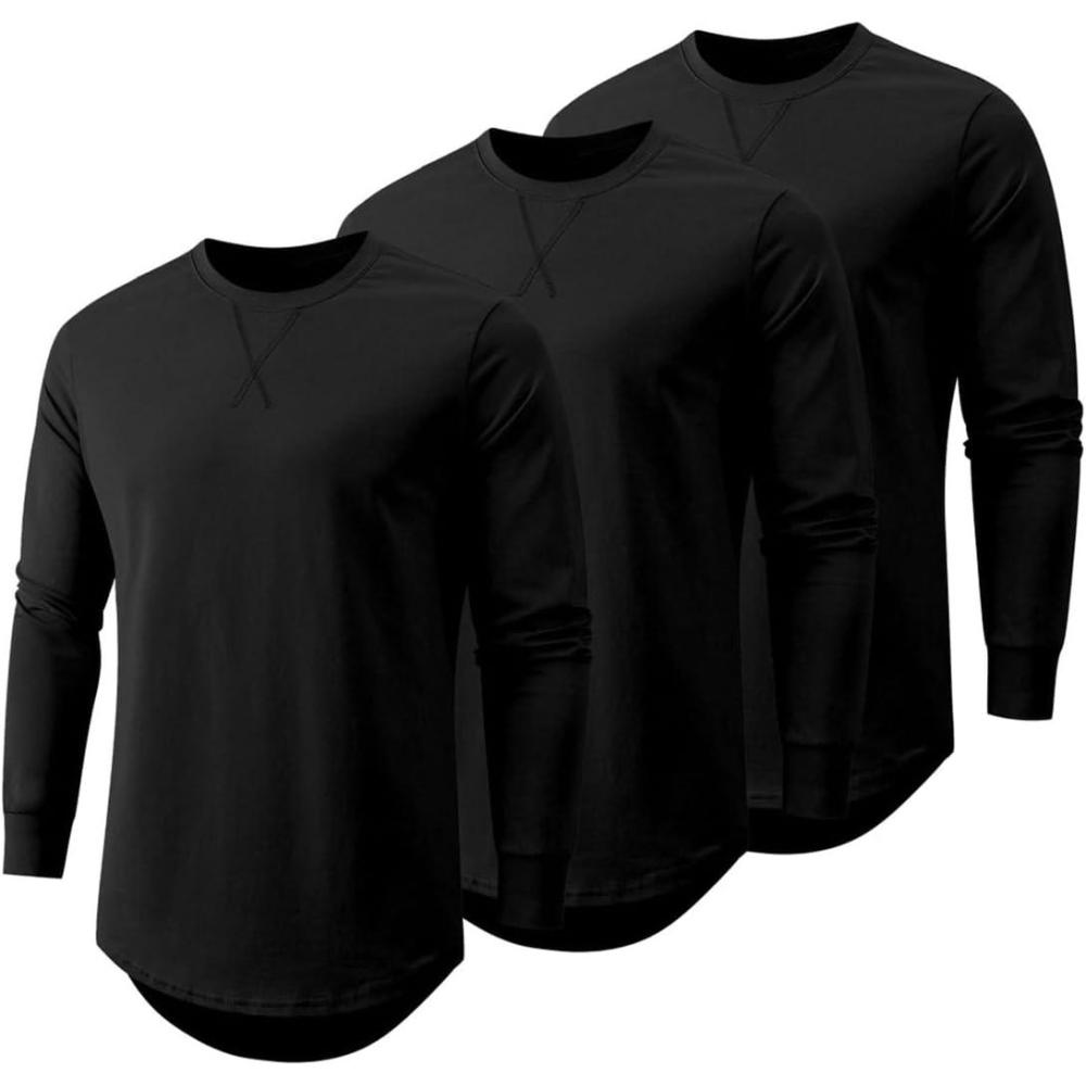 imageJMIERR Mens 3 Pack Cotton Hipster Hip Hop Longline Crewneck TShirtBblackBlackBlack