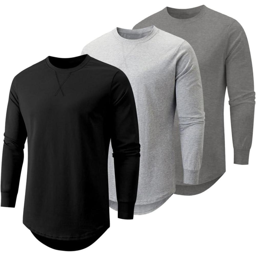 imageJMIERR Mens 3 Pack Cotton Hipster Hip Hop Longline Crewneck TShirtBblackLight GreyDark Grey