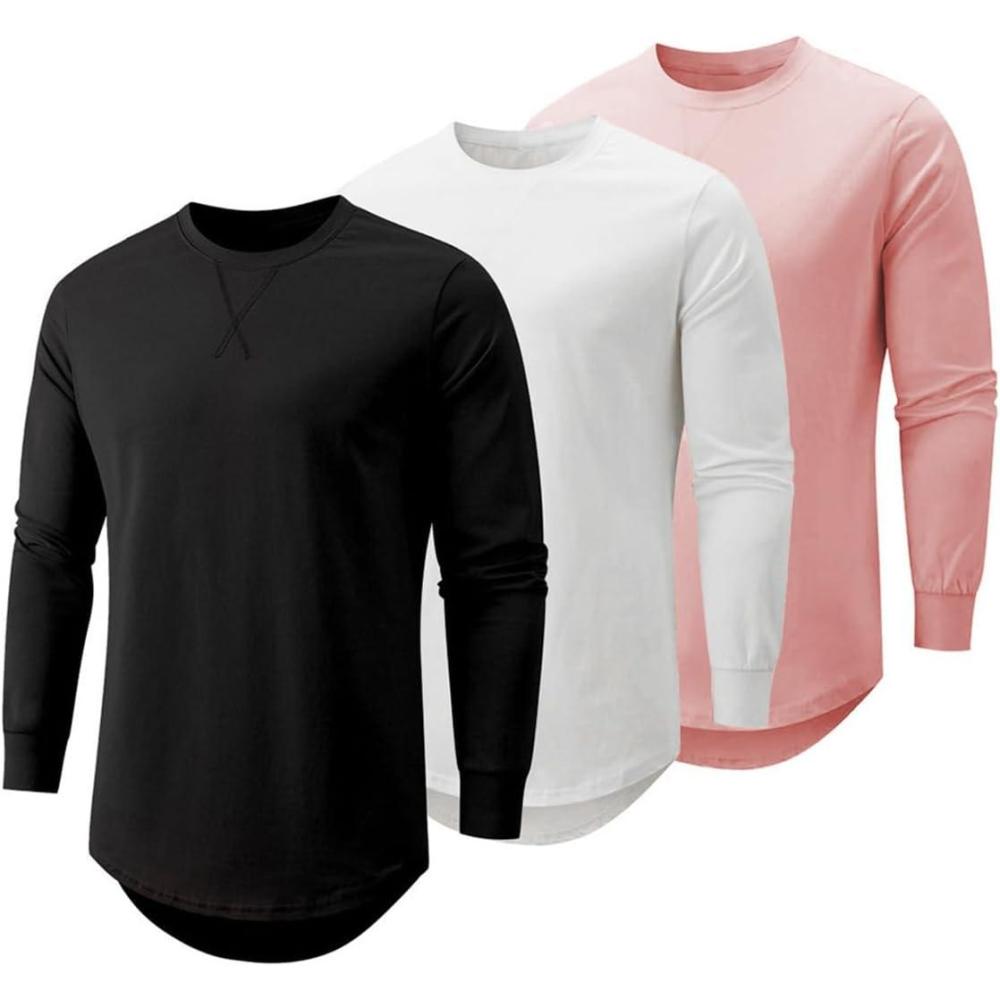 imageJMIERR Mens 3 Pack Cotton Hipster Hip Hop Longline Crewneck TShirtBblackWhiteLight Pink