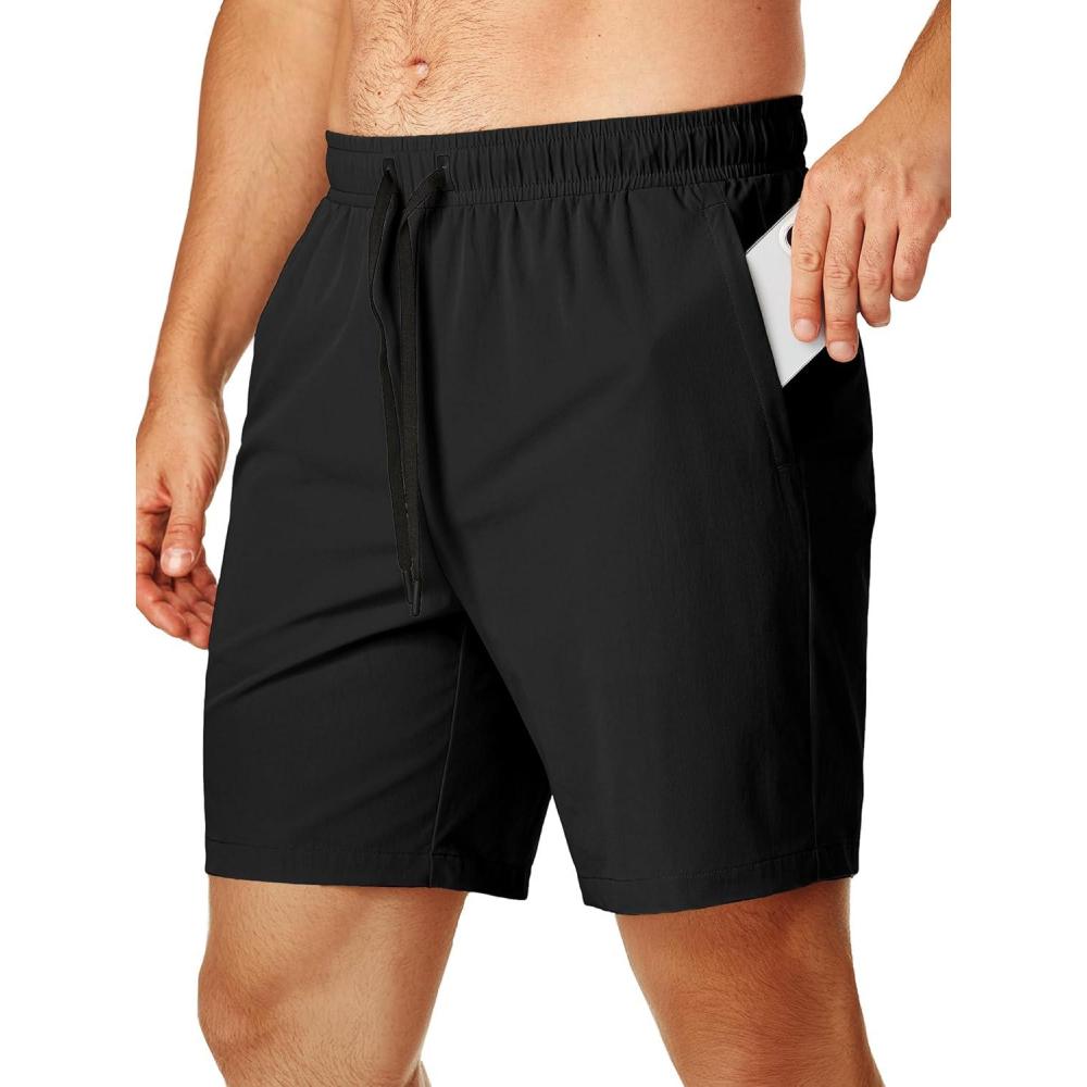 imageJMIERR Mens Athletic Shorts 4 Way Stretch 7 Inch Drawstring Shorts with Zipper PocketsBlack