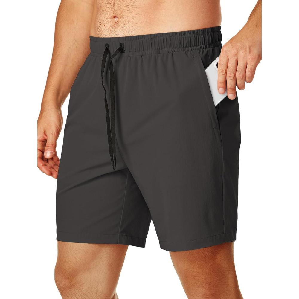 imageJMIERR Mens Athletic Shorts 4 Way Stretch 7 Inch Drawstring Shorts with Zipper PocketsDark Grey