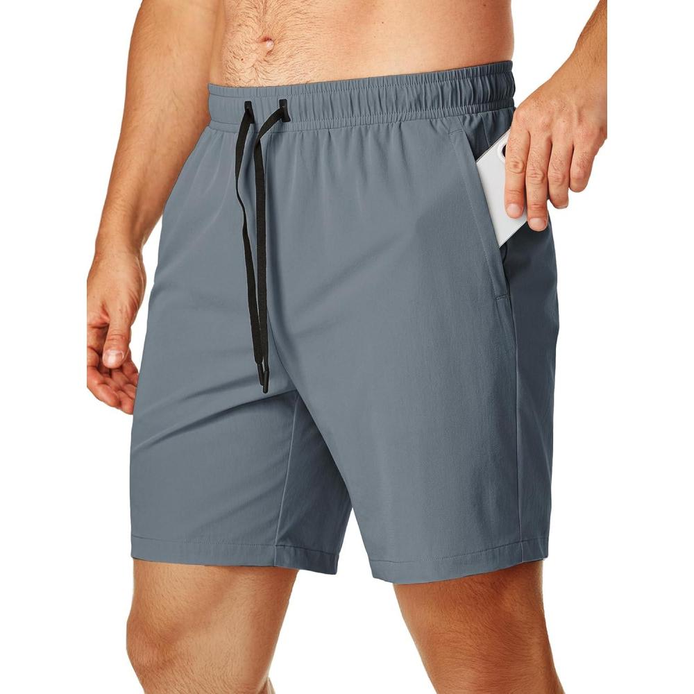imageJMIERR Mens Athletic Shorts 4 Way Stretch 7 Inch Drawstring Shorts with Zipper PocketsLight Blue