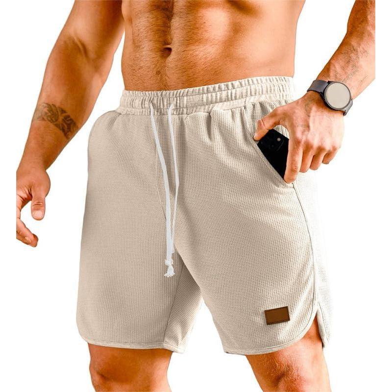 imageJMIERR Mens Athletic Shorts Casual Elastic Waist Drawstring Stretch Short Waffle Beach Running Shorts Workout Sweat Gym ShortParchment