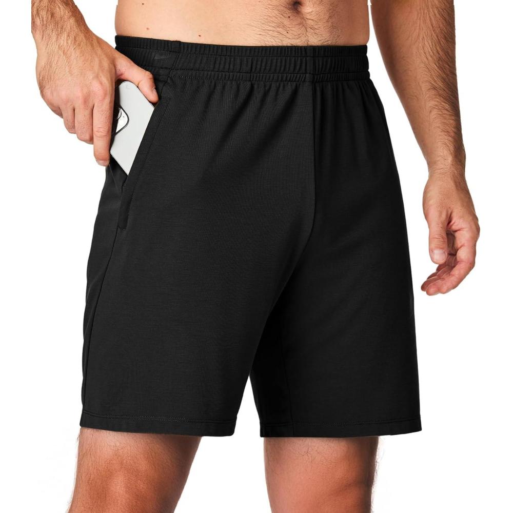 imageJMIERR Mens Athletic Shorts Knit 4 Way Stretch Short with Zipper Pockets Running Workout Sports Gym Lightweight 7quot ShortsBlack