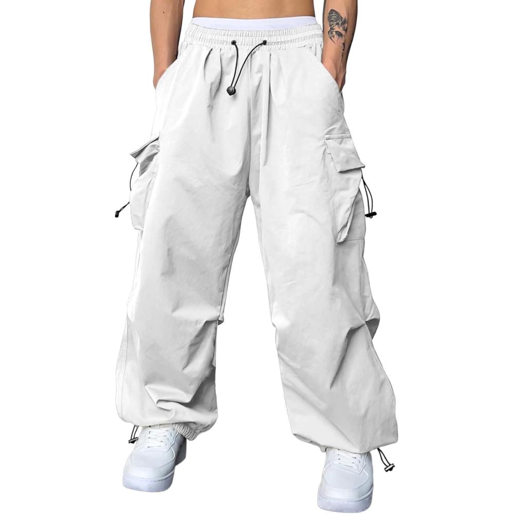 imageJMIERR Mens Baggy Cargo Pants Trendy Casual Parachute Pant Loose Fit Harem Joggers with Pockets for StreetwearA2 Snow White