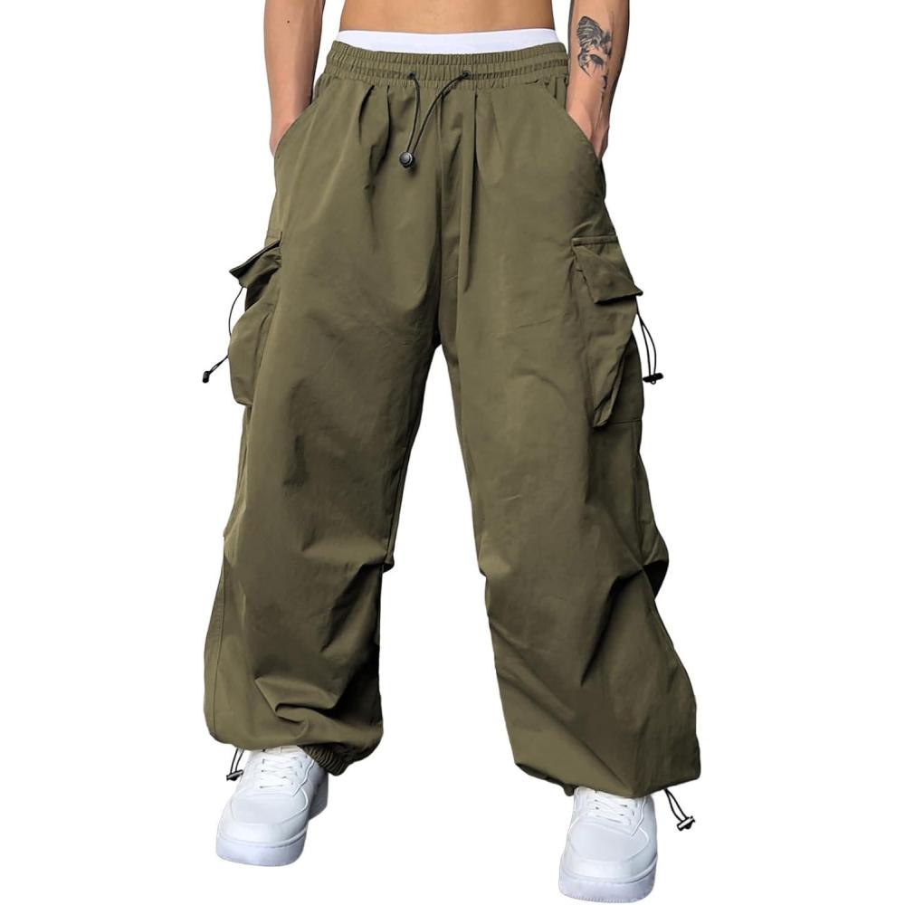 imageJMIERR Mens Baggy Cargo Pants Trendy Casual Parachute Pant Loose Fit Harem Joggers with Pockets for StreetwearA4 Pickle Green
