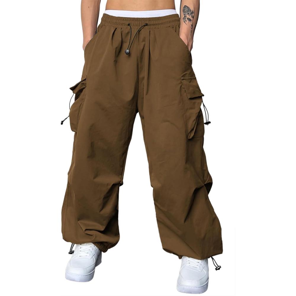 imageJMIERR Mens Baggy Cargo Pants Trendy Casual Parachute Pant Loose Fit Harem Joggers with Pockets for StreetwearA6 Brown
