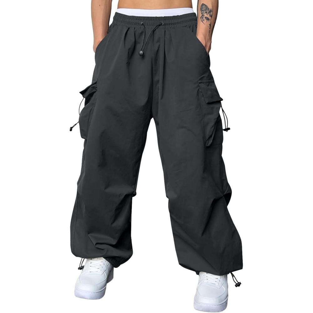 imageJMIERR Mens Baggy Cargo Pants Trendy Casual Parachute Pant Loose Fit Harem Joggers with Pockets for StreetwearA6 Dark Grey