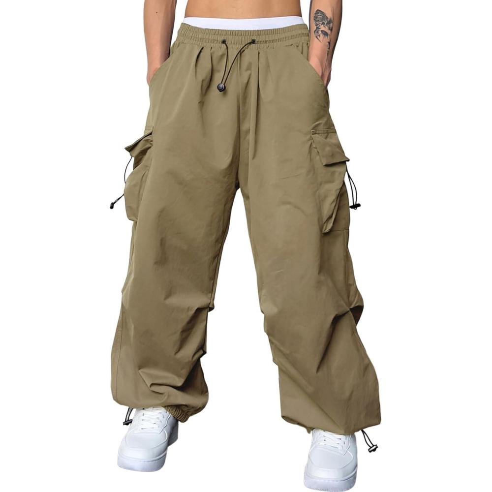 imageJMIERR Mens Baggy Cargo Pants Trendy Casual Parachute Pant Loose Fit Harem Joggers with Pockets for StreetwearA6 Khaki
