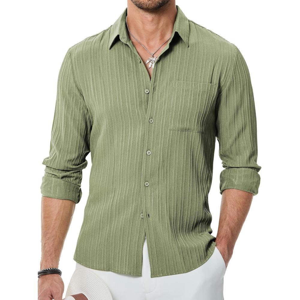 imageJMIERR Mens Button Down Dress Shirts Textured Long Sleeve Casual Hawaiian Beach Shirt with PocketGreen