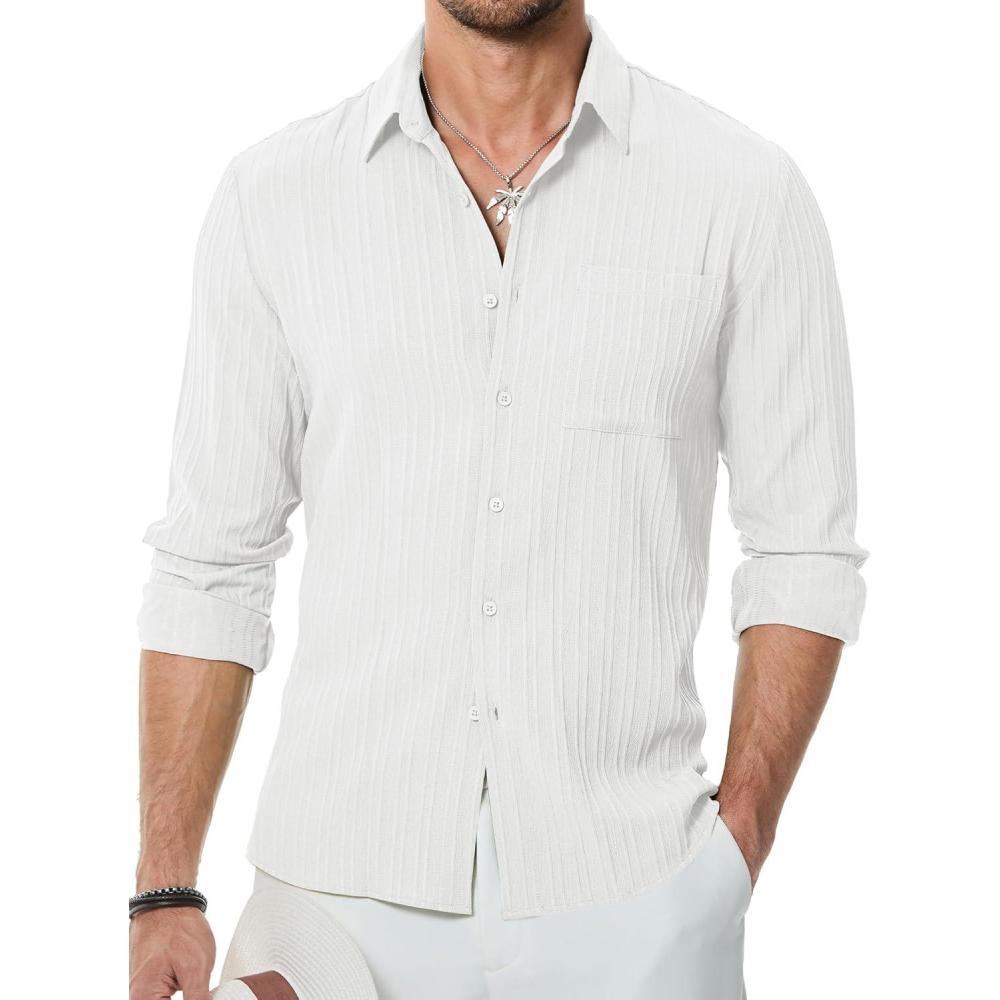 imageJMIERR Mens Button Down Dress Shirts Textured Long Sleeve Casual Hawaiian Beach Shirt with PocketWhite