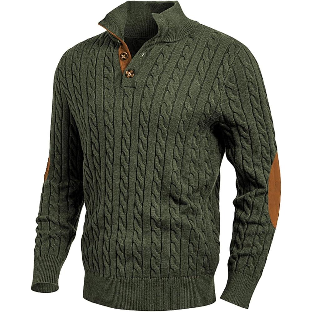 imageJMIERR Mens Cable Knit Pullover Sweater Casual Long Sleeve Stand Collar Button Knitted Sweaters01 Green