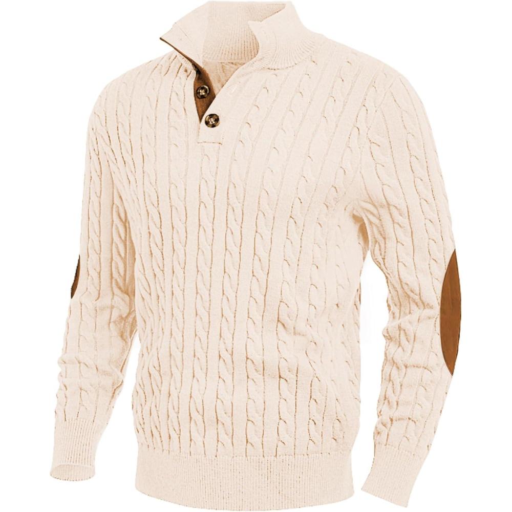 imageJMIERR Mens Cable Knit Pullover Sweater Casual Long Sleeve Stand Collar Button Knitted SweatersApricot