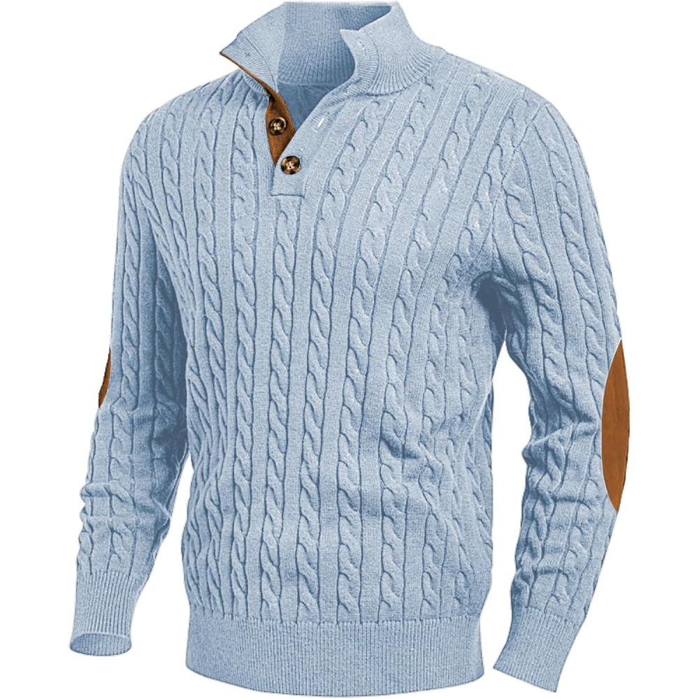 imageJMIERR Mens Cable Knit Pullover Sweater Casual Long Sleeve Stand Collar Button Knitted SweatersBeau Blue