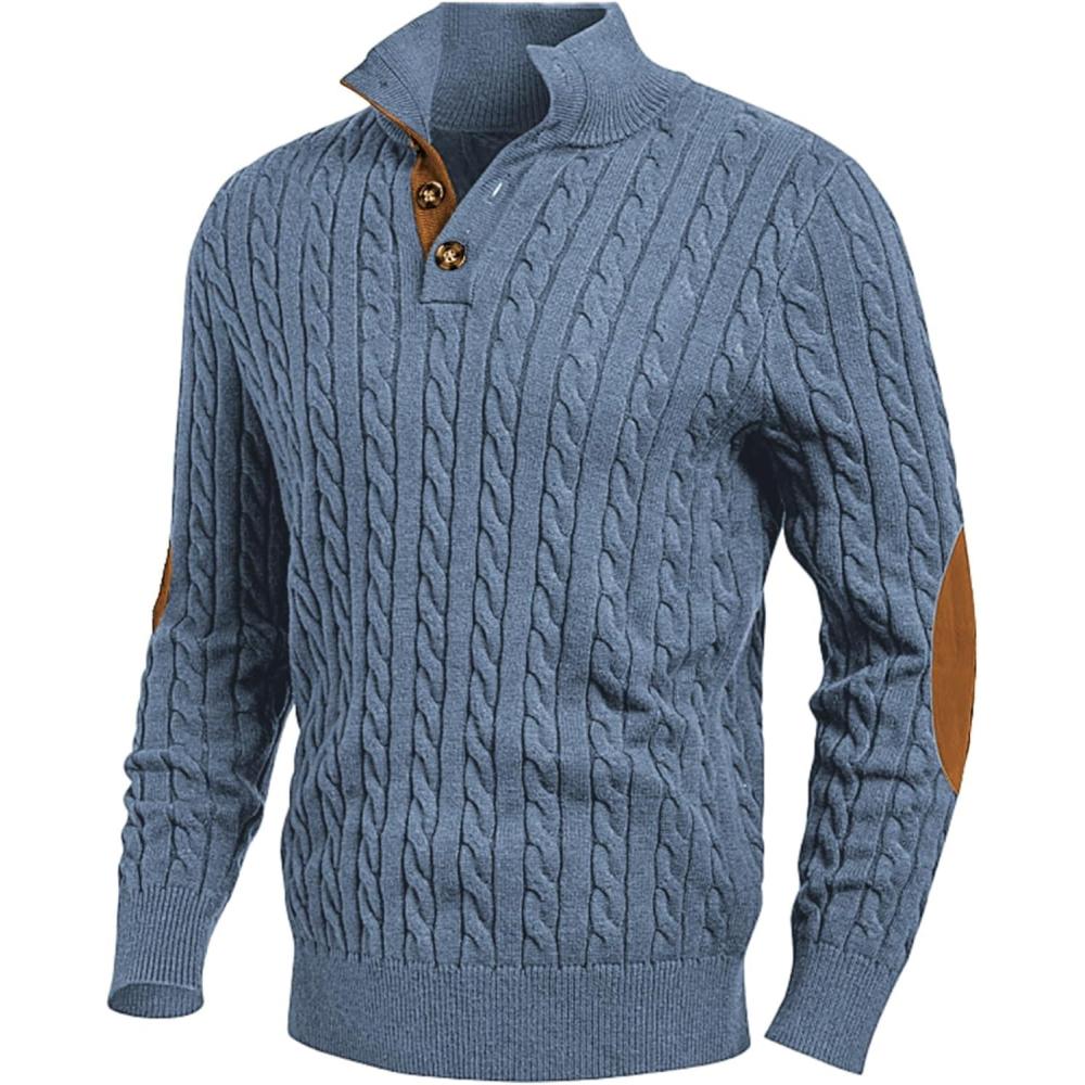 imageJMIERR Mens Cable Knit Pullover Sweater Casual Long Sleeve Stand Collar Button Knitted SweatersBlue
