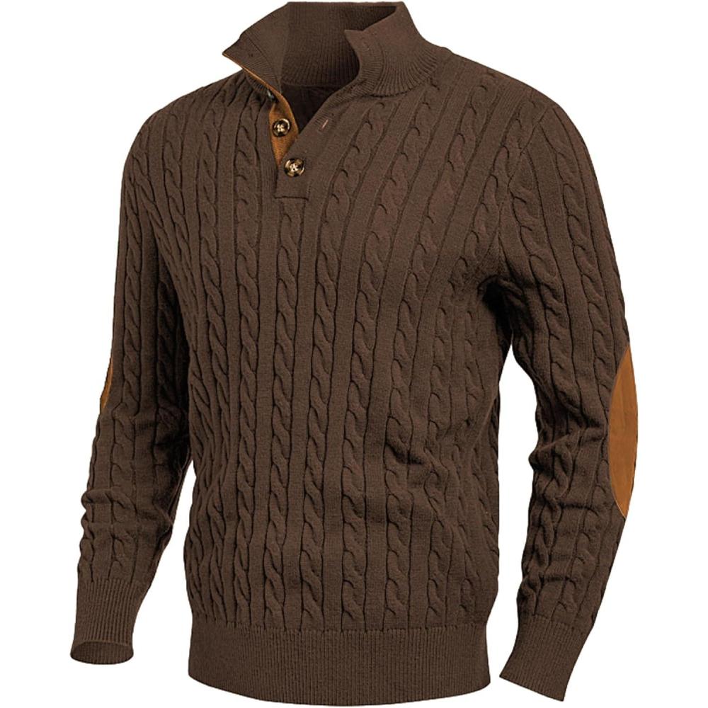 imageJMIERR Mens Cable Knit Pullover Sweater Casual Long Sleeve Stand Collar Button Knitted SweatersChocolate Brown