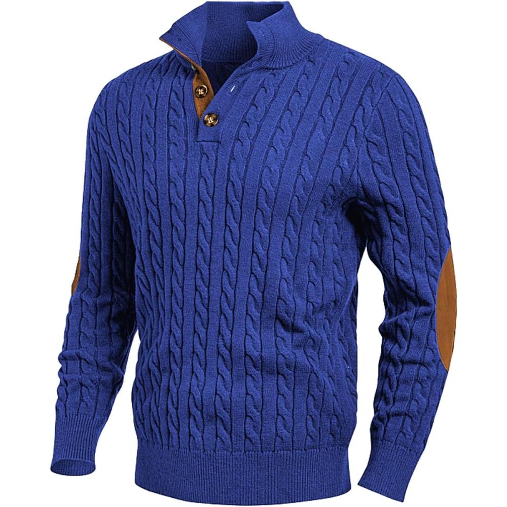 imageJMIERR Mens Cable Knit Pullover Sweater Casual Long Sleeve Stand Collar Button Knitted SweatersDark Blue