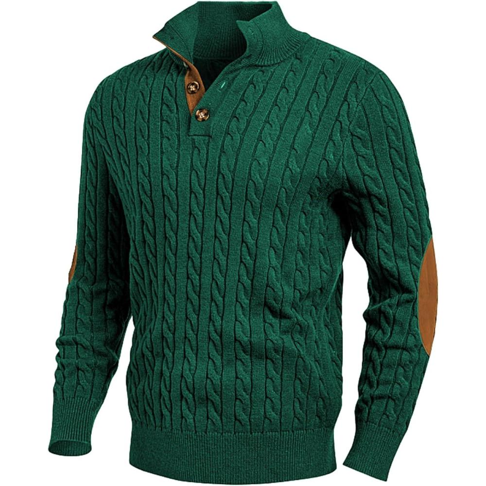 imageJMIERR Mens Cable Knit Pullover Sweater Casual Long Sleeve Stand Collar Button Knitted SweatersDark Green