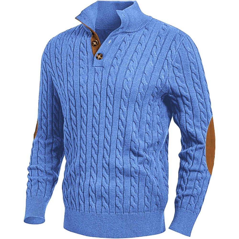imageJMIERR Mens Cable Knit Pullover Sweater Casual Long Sleeve Stand Collar Button Knitted SweatersSky Blue