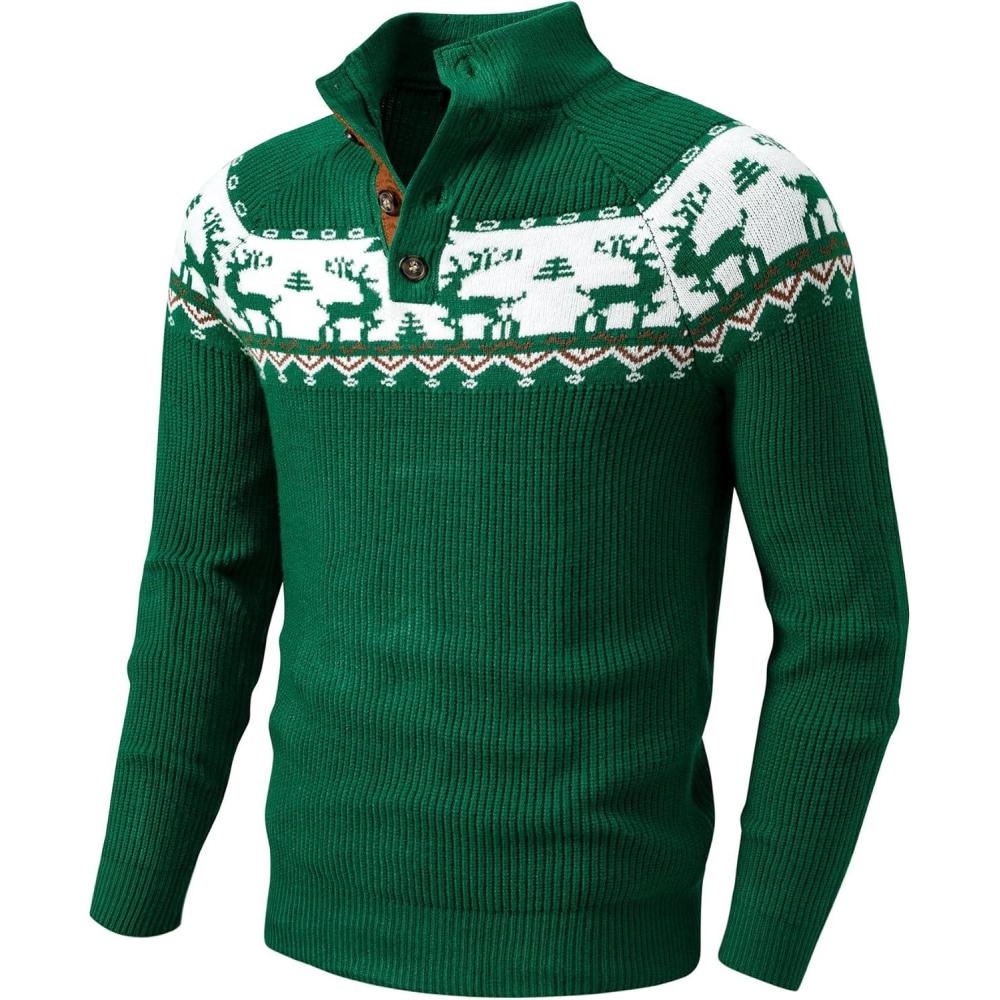 imageJMIERR Mens Cable Knit Pullover Sweater Casual Long Sleeve Stand Collar Button Knitted SweatersXmas Green Reindeer