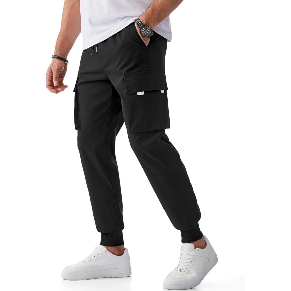 imageJMIERR Mens Cargo Pants Joggers Pants Drawstring Stretch Waist Straight Trousers Tapered Sweatpants with Multi PocketsBlack
