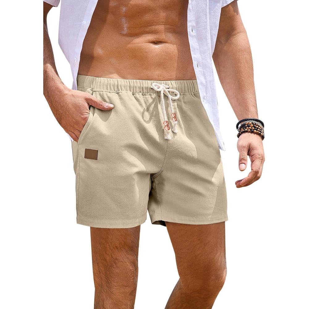 imageJMIERR Mens Casual 5quot 7quot Cotton Linen Shorts  Elastic Waist Drawstring Summer Beach Shorts with PocketsApricot