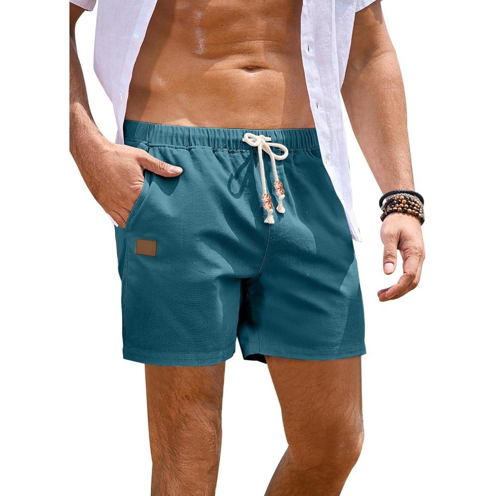 imageJMIERR Mens Casual 5quot 7quot Cotton Linen Shorts  Elastic Waist Drawstring Summer Beach Shorts with PocketsB Blue2